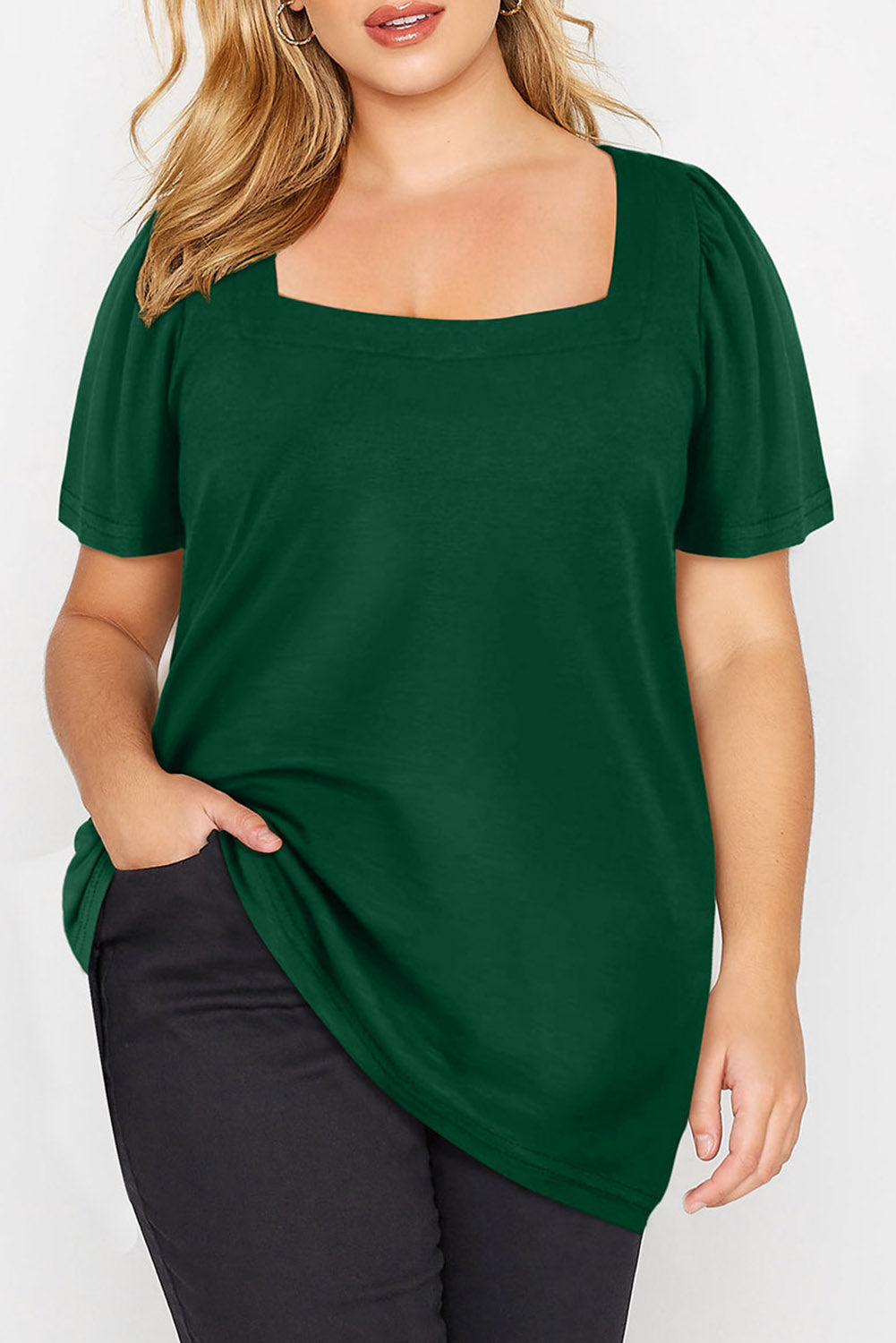 Green Plus Size Square Neck Ruched Shoulder Short Sleeve Top