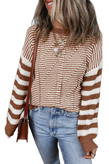 Brown Stripe Geometric Textured Drop Shoulder Sweater