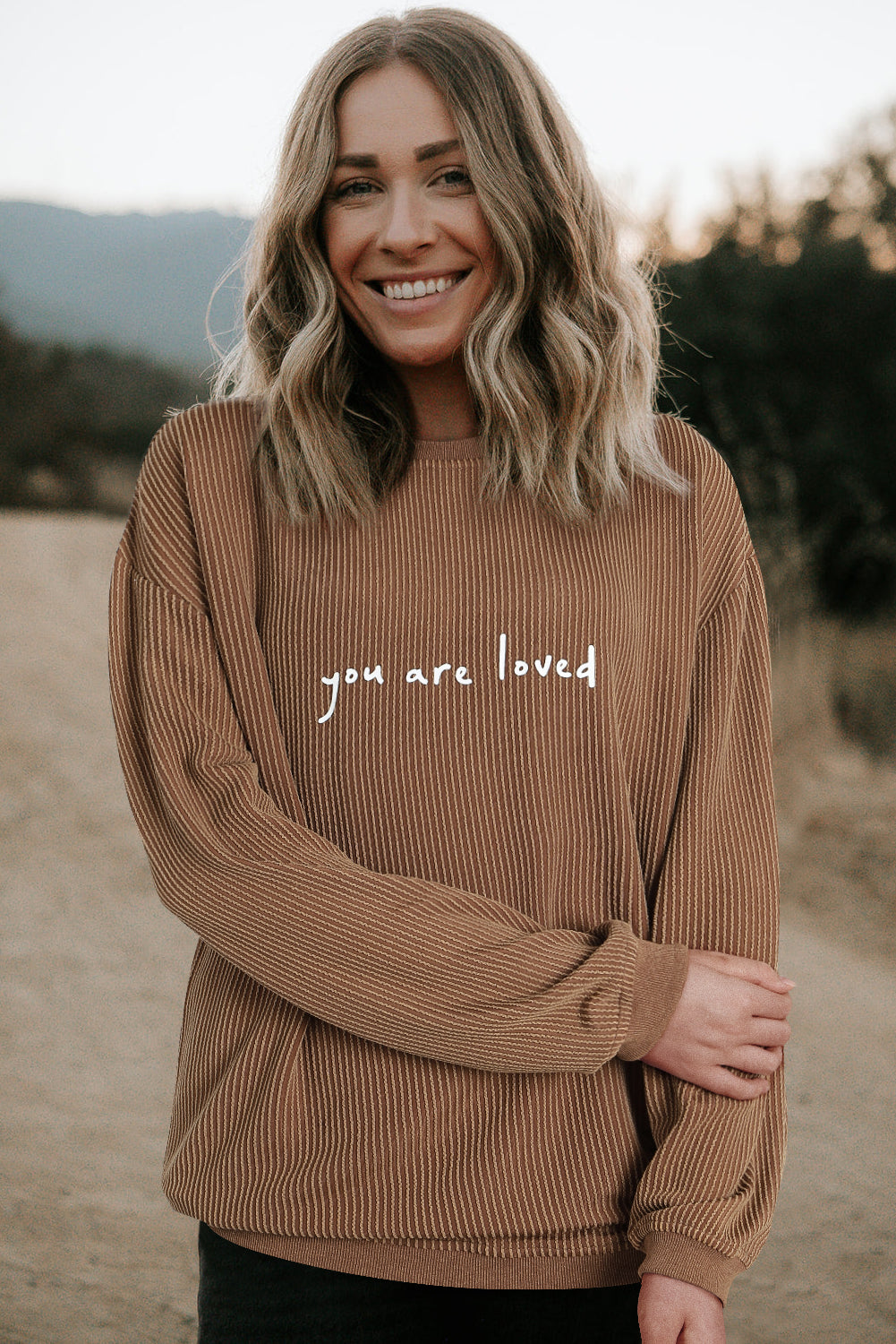 Khaki You Are Loved Print Corduroy Sweatshirt