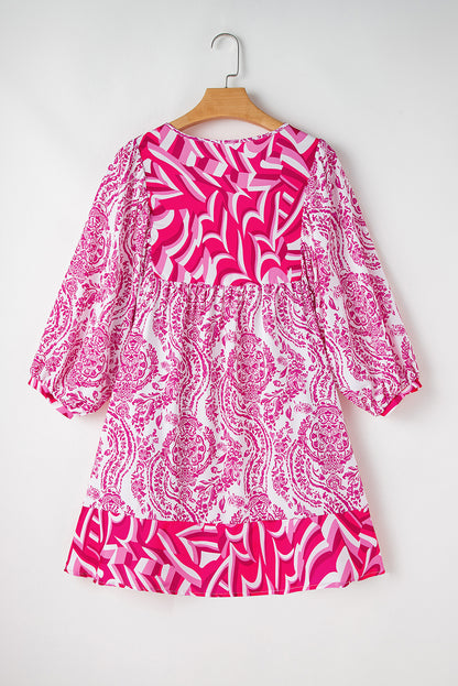 Rose Bohemian Print Puff Sleeve Tied V Neck Flared Mini Dress