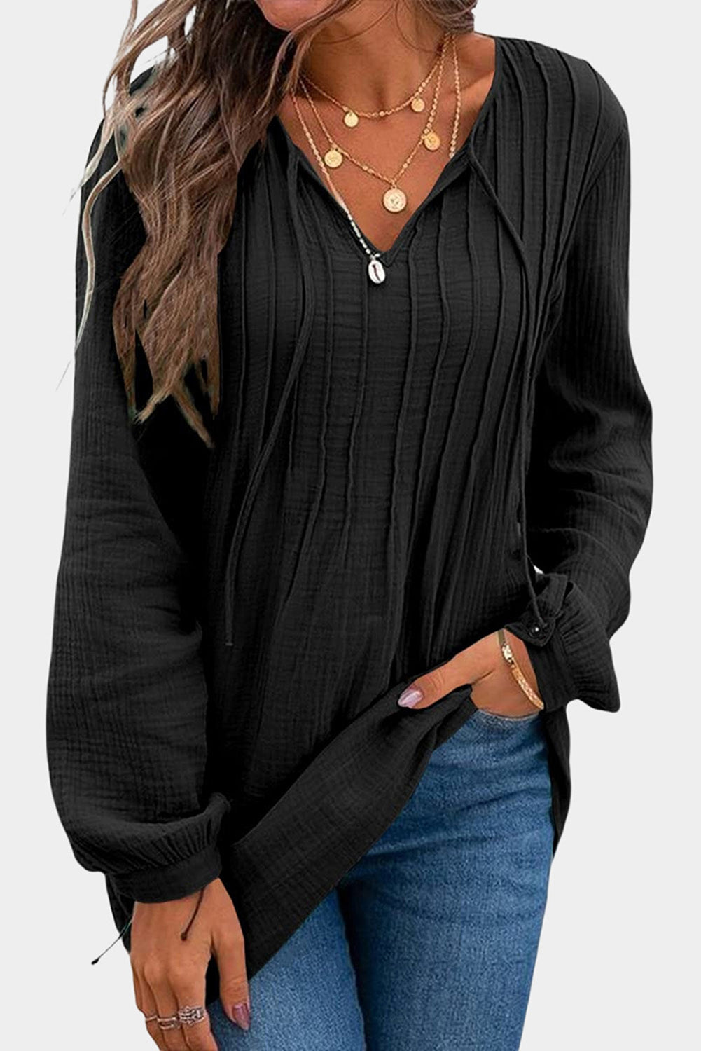 Black Casual Pleated V Neck Textured Loose Top