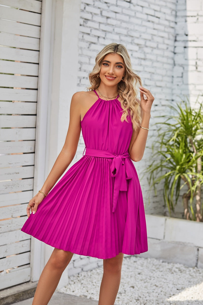 Halter Strapless Dresses for Women Solid Pleated Skirt Summer Beach Sundress