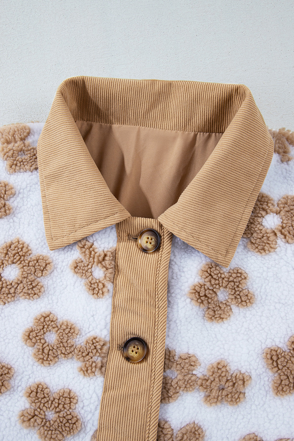 Light French Beige Cute Flower Pattern Button Up Fleece Jacket