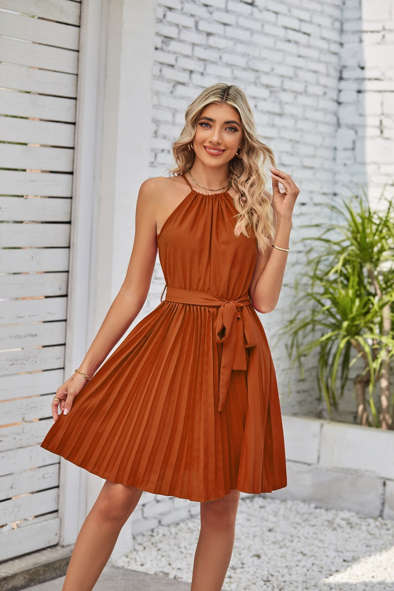 Halter Strapless Dresses for Women Solid Pleated Skirt Summer Beach Sundress