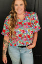 Multicolour Plus Size Floral Print Ruffle V Neck Bubble Sleeve Blouse