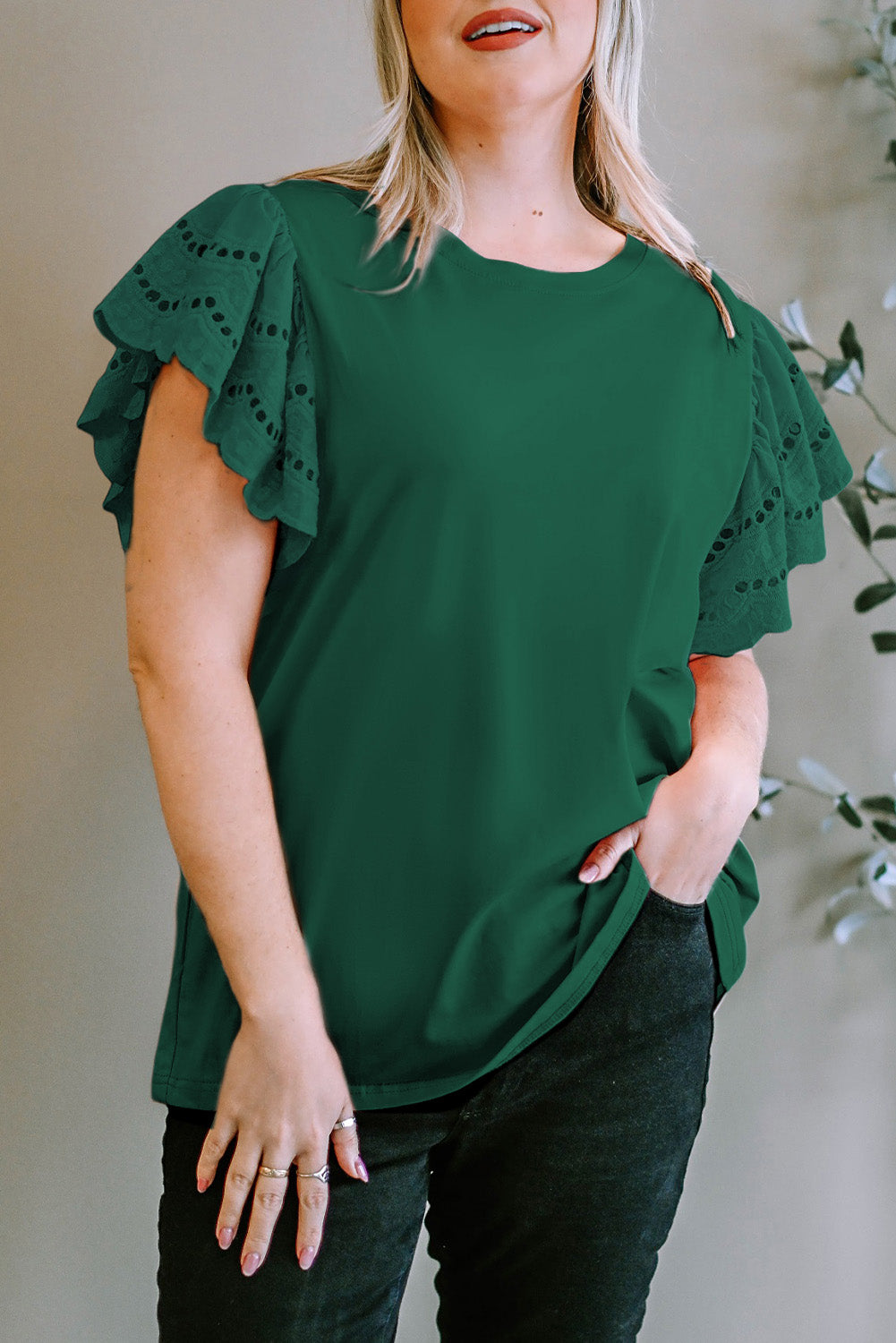 Green Plus Size Flutter Sleeve Top