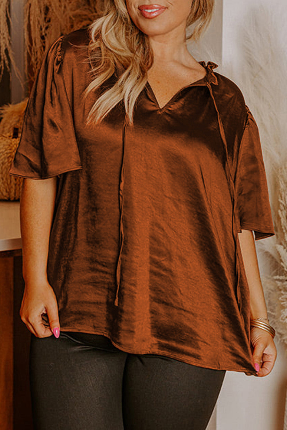 Chestnut Frilled Split Neck Plus Size Satin Blouse