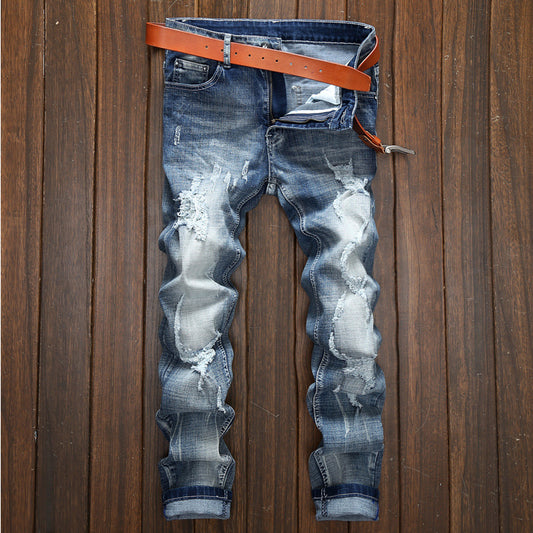 Light-colored Ripped Jeans Men's Scraped Broken Trousers