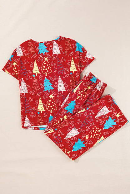 Red Christmas Tree Print V Neck Tee and Pants Lounge Set