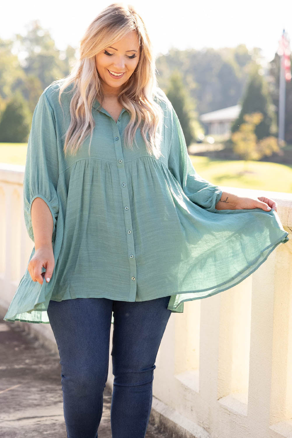 Green 3/4 Sleeve Plus Size Tunic Top