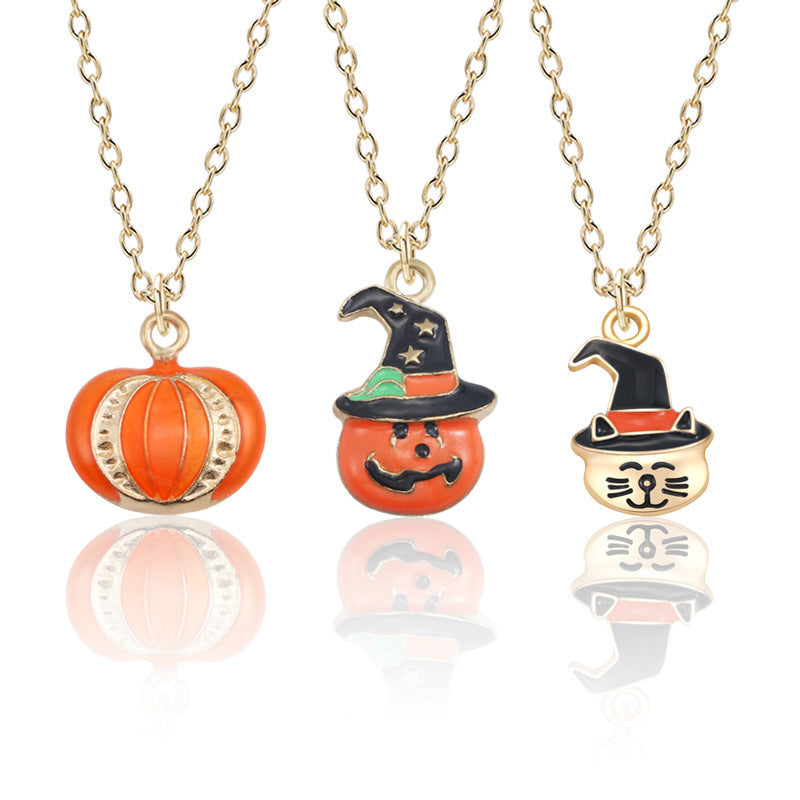 Halloween Oil Drop Pumpkin Cat Necklace Creative Clavicle Chain Pendant Fashion Jewelry Accessories