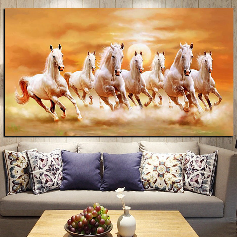 Seven Animals White Horse Canvas Painting