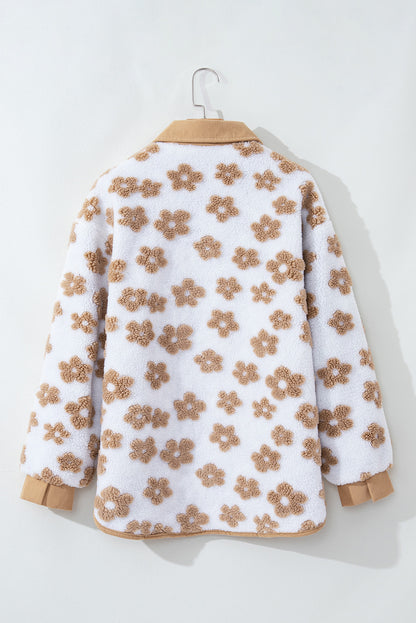 Light French Beige Cute Flower Pattern Button Up Fleece Jacket