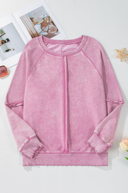 Pink Solid Waffle Knit Patchwork Raglan Sleeve Sweatshirt