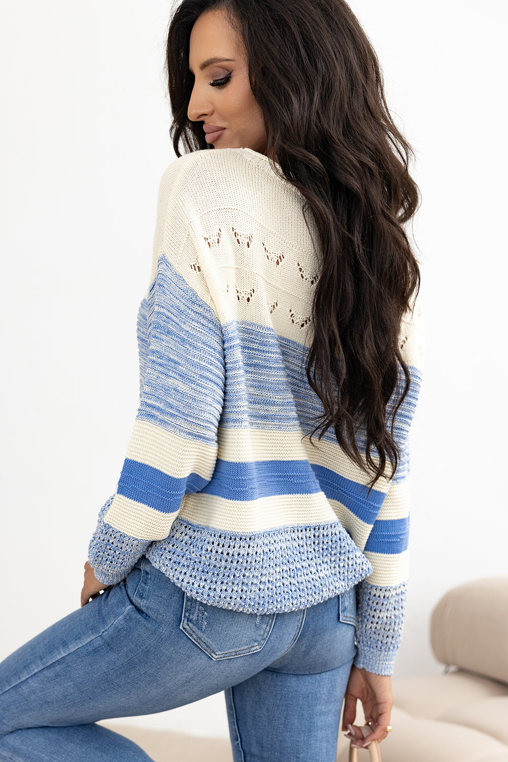 Light Blue Open Stitch Puff Sleeve Sweater