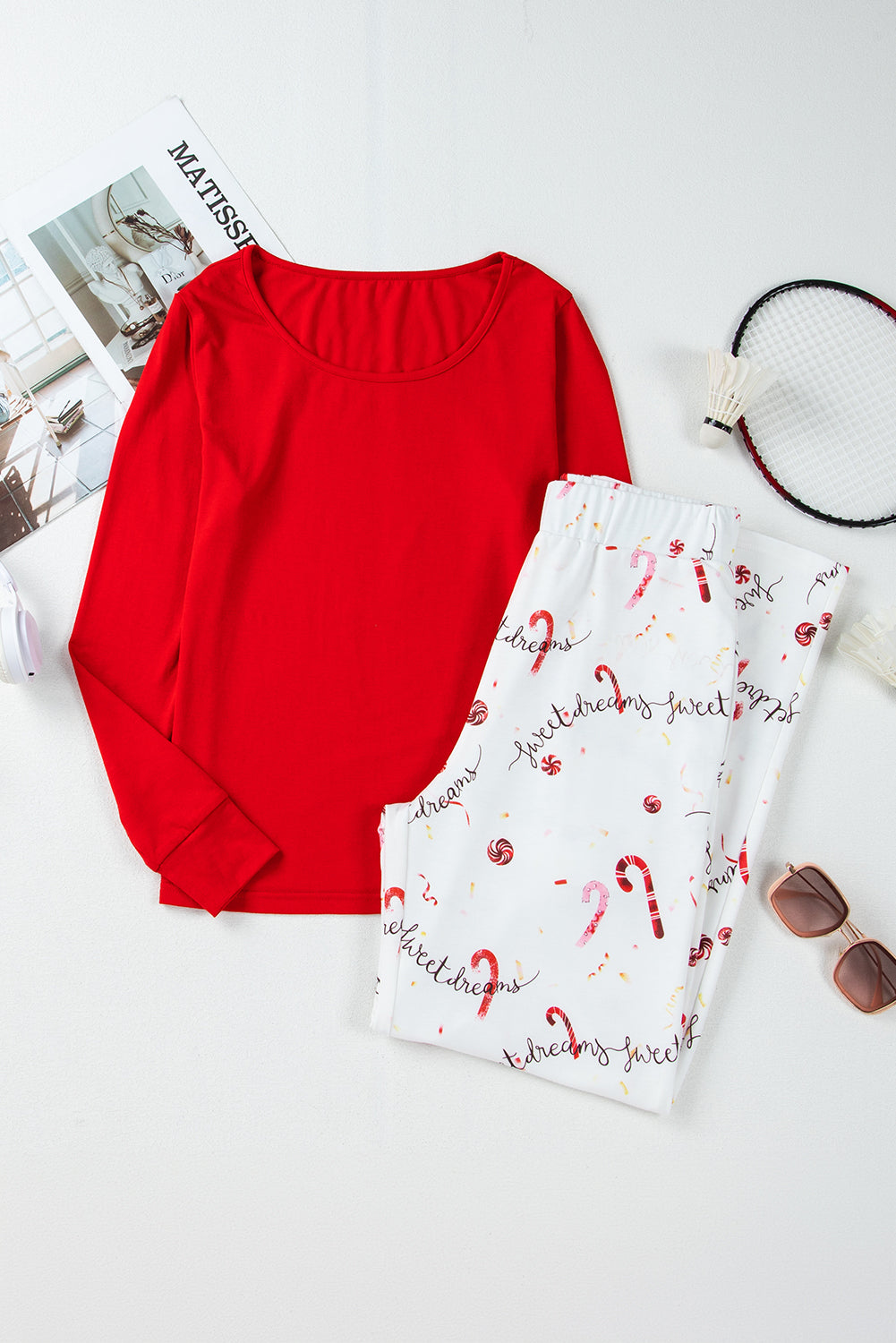 Red Solid Top and Christmas Pants Two Piece Lounge Set