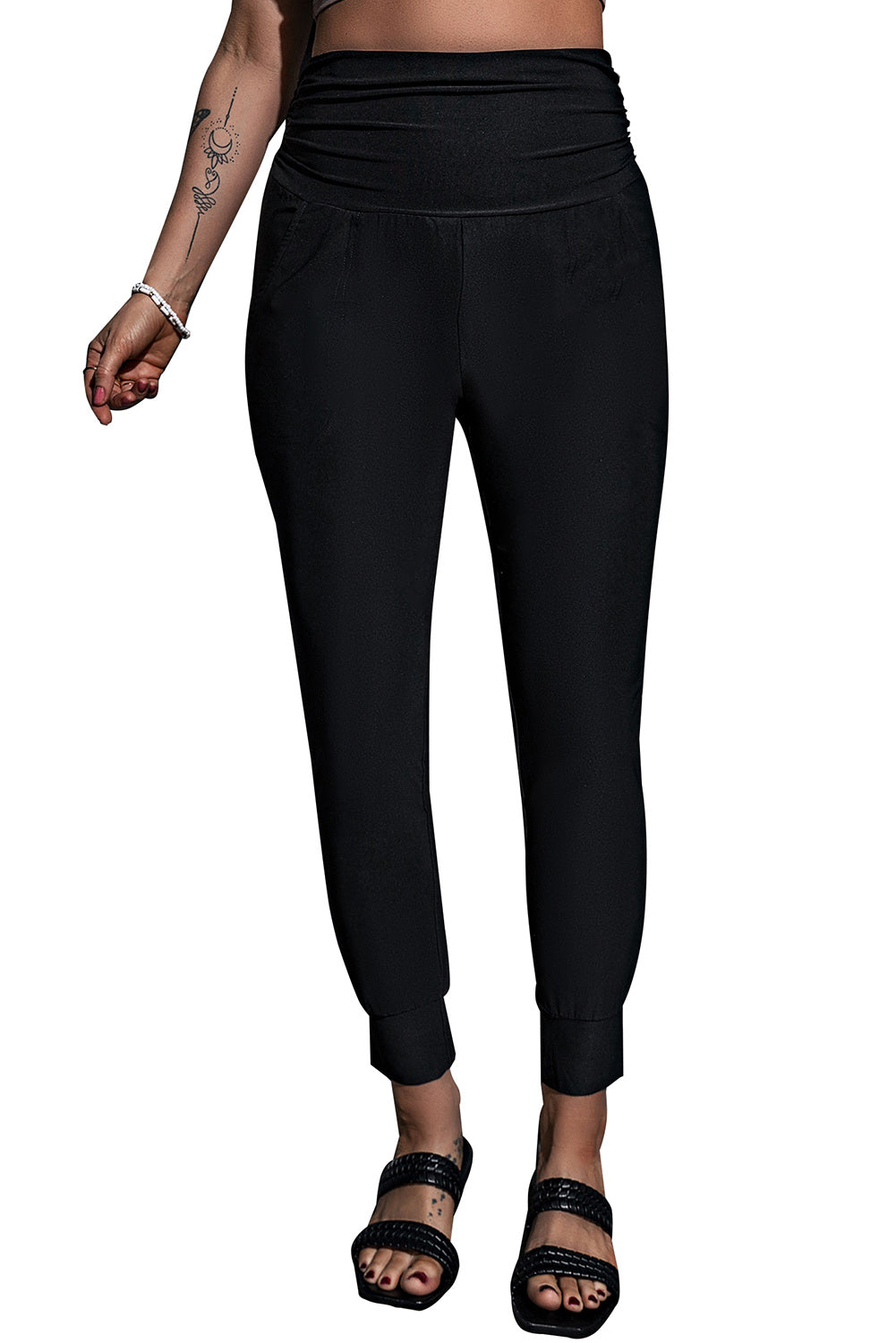 Black High Waist Pleated Pocket Leggings