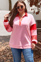 Rose Striped Patchwork Side Split Collared Plus Size Sweatshirt