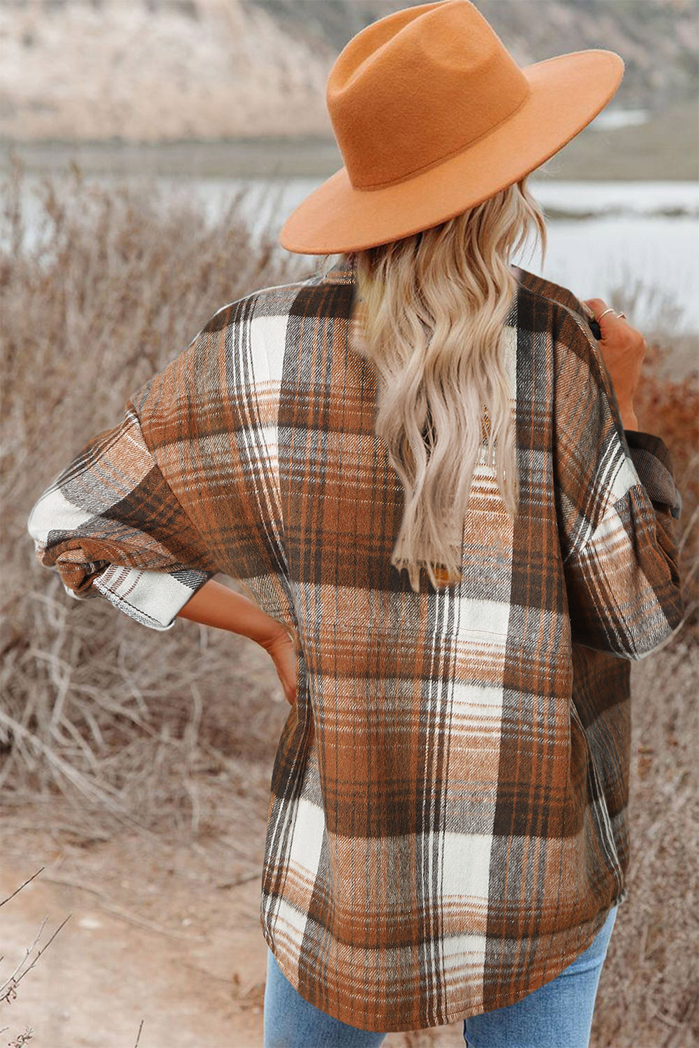 Brown Plaid Flap Pockets Shacket