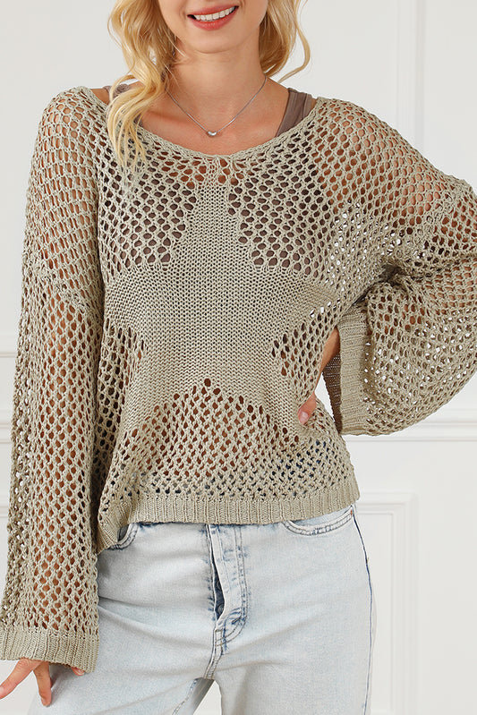 Light French Beige Star Pointelle Knit Baggy Sweater