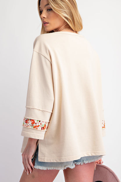 Beige Flower Patch Graphic Exposed Seam Wide Sleeve Top