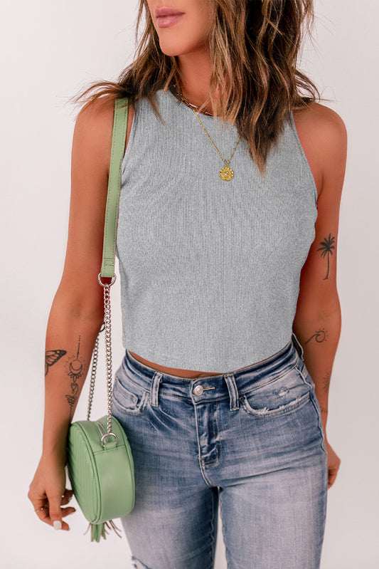 Gray Rib Knit Crew Neck Sleeveless Crop Top