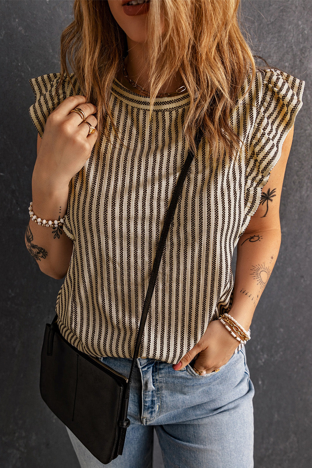 Khaki Striped Crew Neck Ruffled Tank Top