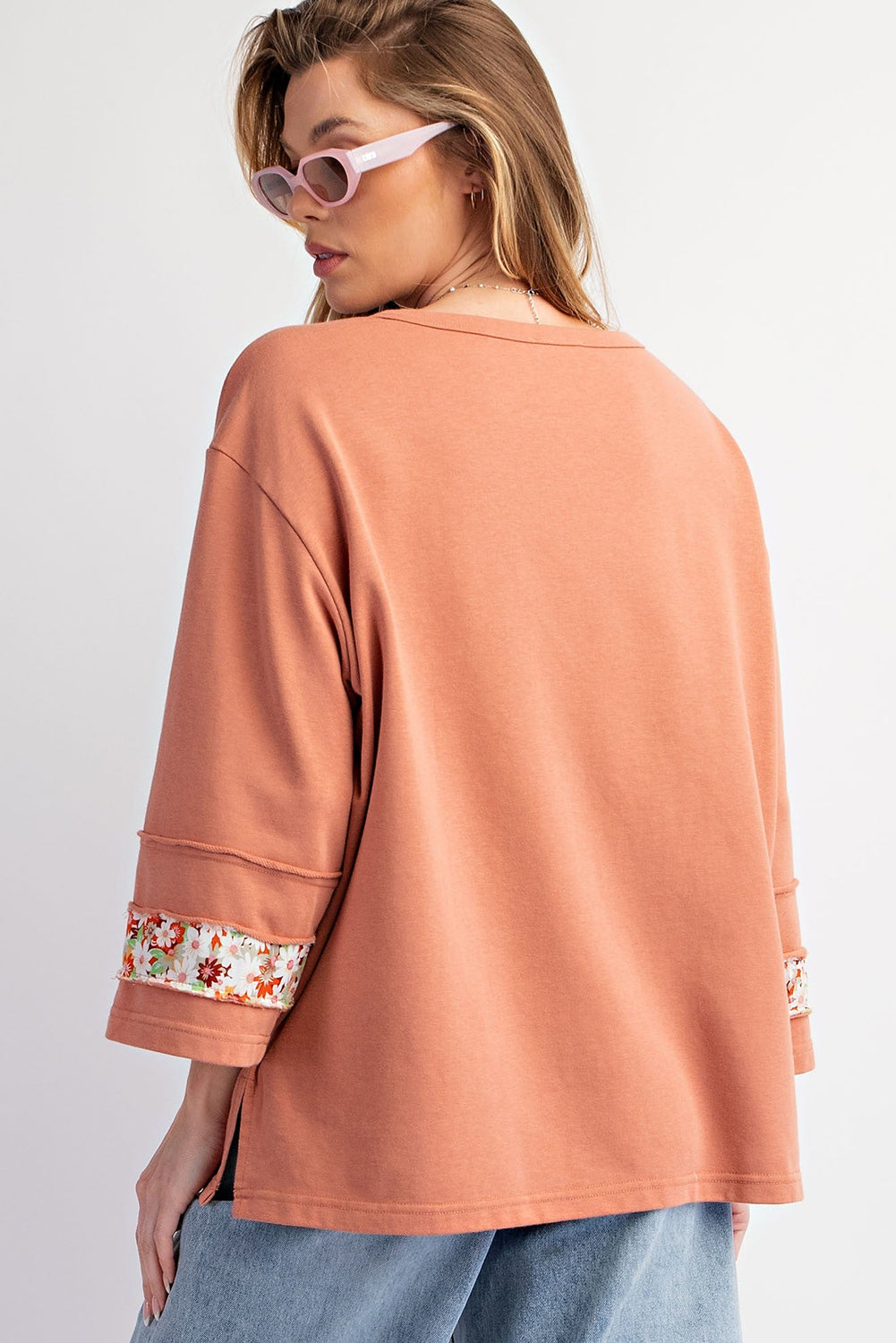 Grapefruit Orange Flower Patch Graphic Exposed Seam Wide Sleeve Top