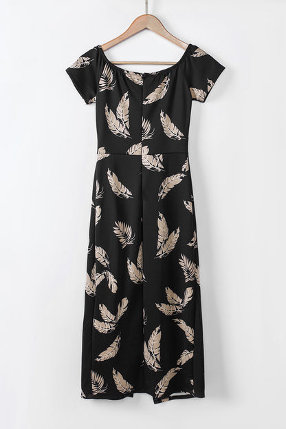 Black Pattern Print Off Shoulder Slit Bodycon Midi Dress