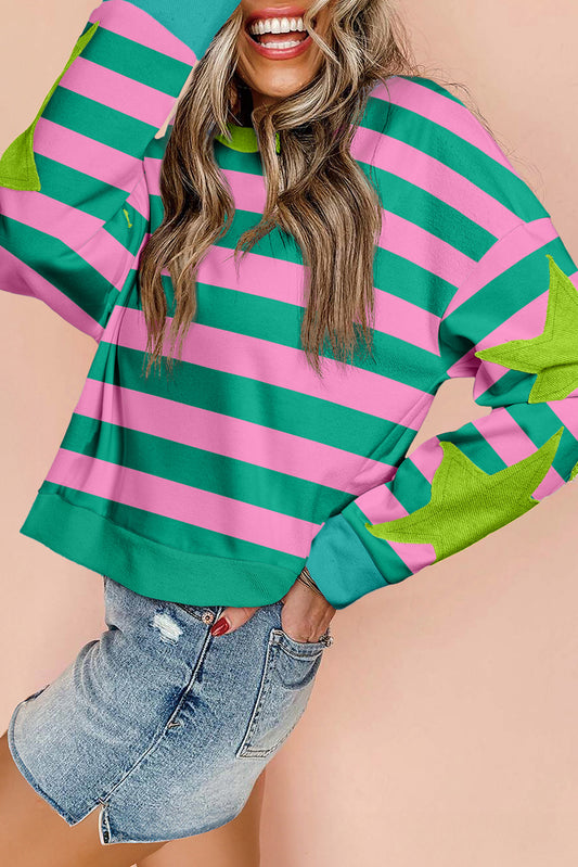 Pink Stripe Star Patchwork Round Neck Pullover Sweatshirt