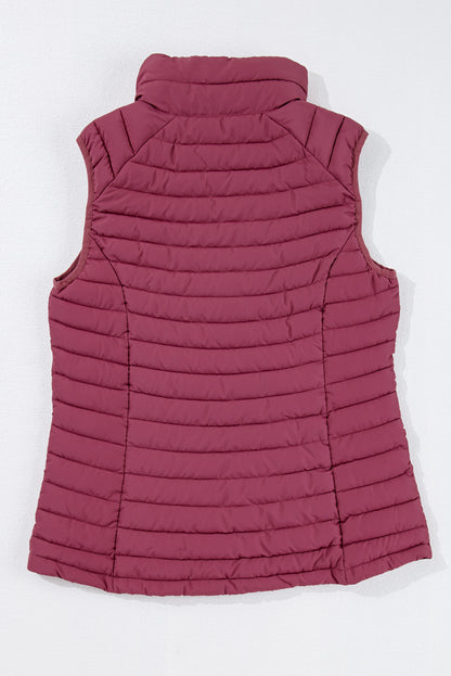 Burgundy Plush Collared Quilted Zipped Puffer Vest