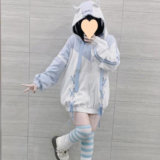 Water Color Hooded Jacket Japanese Style Soft Girl Loose Tied Zipper Sweater