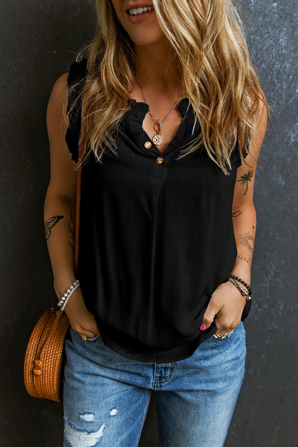 Black Button Split Neck Ruffled Trim Tank Top