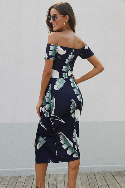 Blue Pattern Print Off Shoulder Slit Bodycon Midi Dress