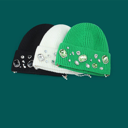 Fashion Pearl Chain Diamond Wool Cap