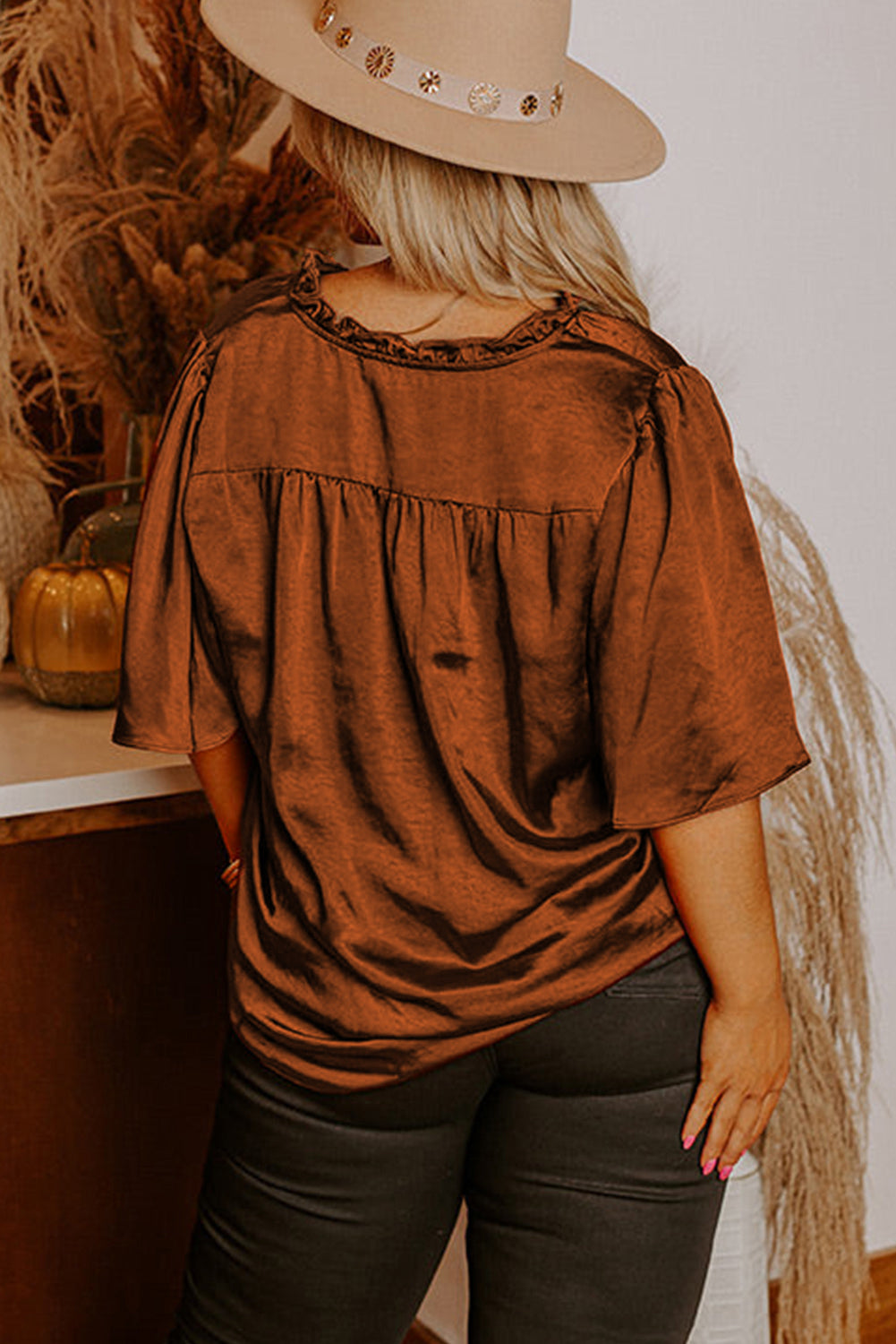 Chestnut Frilled Split Neck Plus Size Satin Blouse