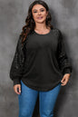 Black Plus Size Sequin Patchwork Crew Neck Long Sleeve Top