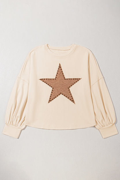 Beige Star Shape Studded Crew Neck Plus Size T Shirt