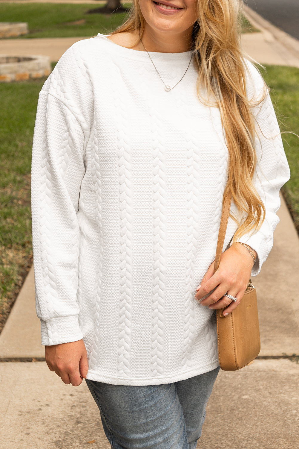 White Cable Textured Loose Plus Size Sweatshirt