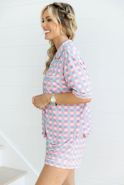 Purple Checkered Pattern Short Sleeve Pajamas Set