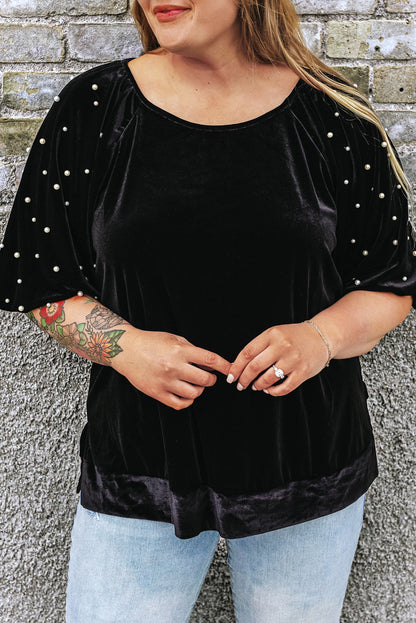 Black Pearl Embellished Puff Sleeve Velvet Plus Size Top