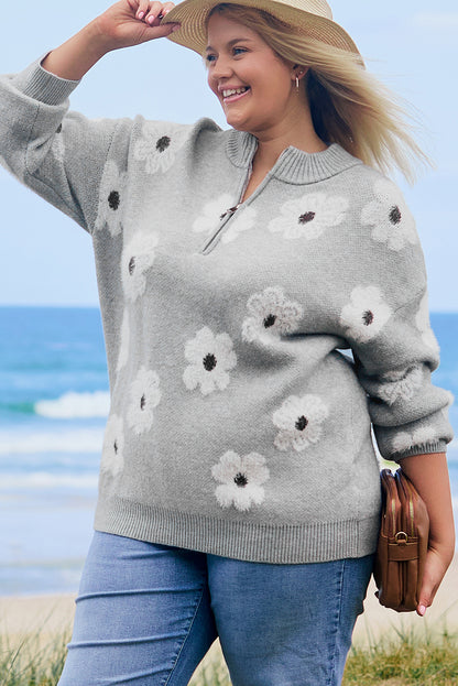 Gray Plus Size Embroidered Floral Pattern Half Zip Sweater