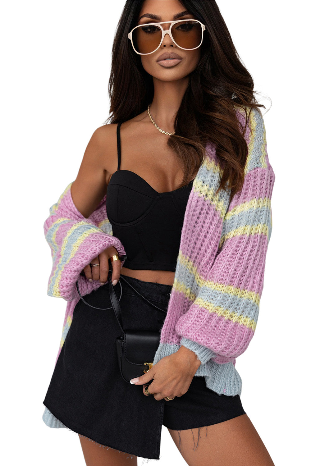 Pink Contrast Striped Open Front Cable Cardigan