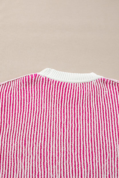 Bright Pink Striped Textured Knit Contrast Edge Loose Sweater