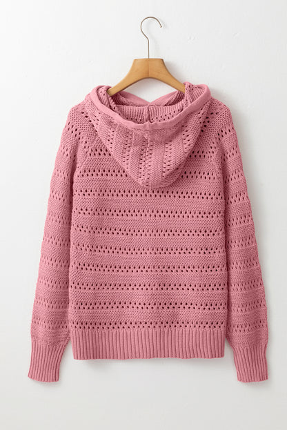 Peach Blossom Pointelle Knit Raglan Sleeve Hooded Sweater