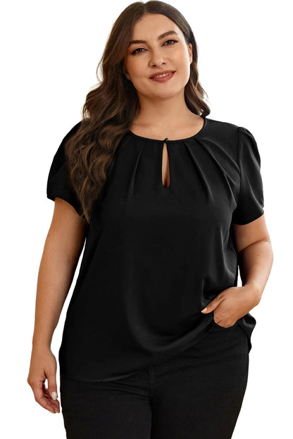 Black Keyhole Pleated Crew Neck Plus Size T Shirt