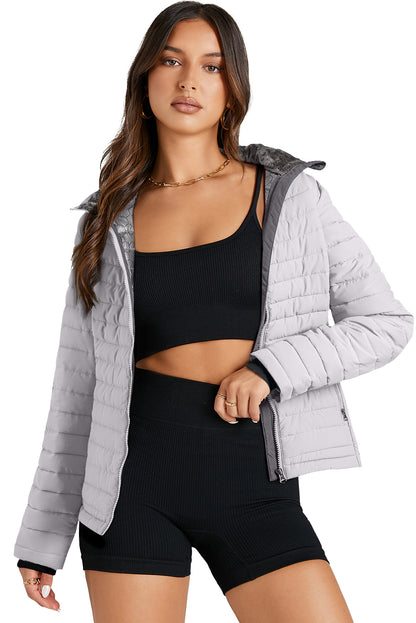 Silvery Solid Color Quilted Zip-up Puffer Jacket