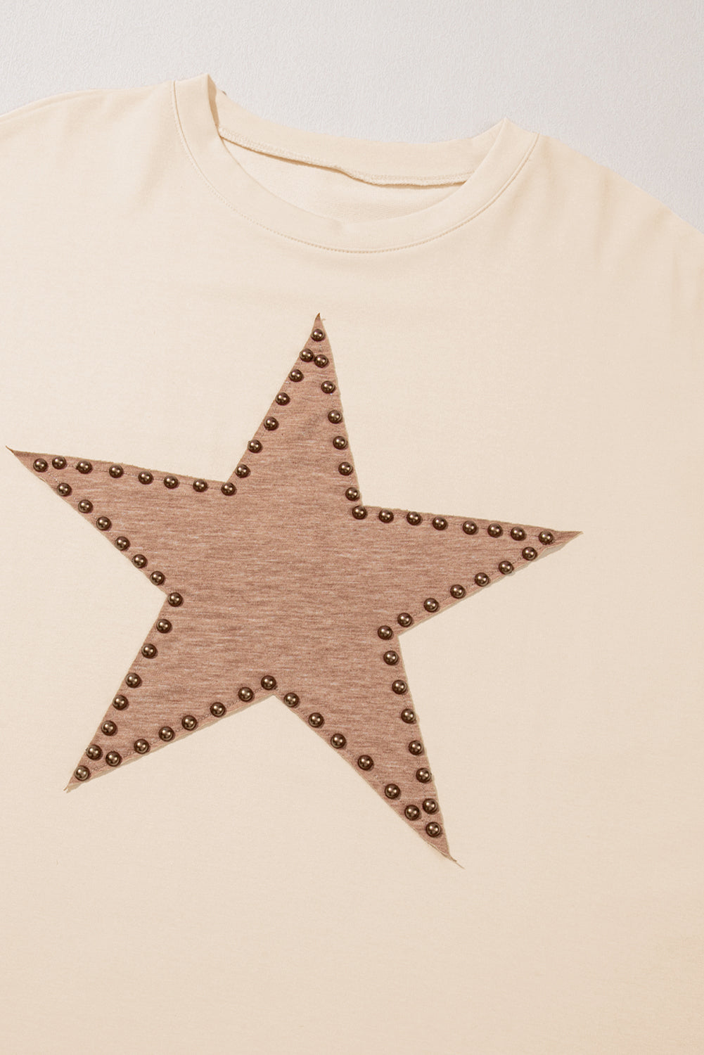 Beige Star Shape Studded Crew Neck Plus Size T Shirt