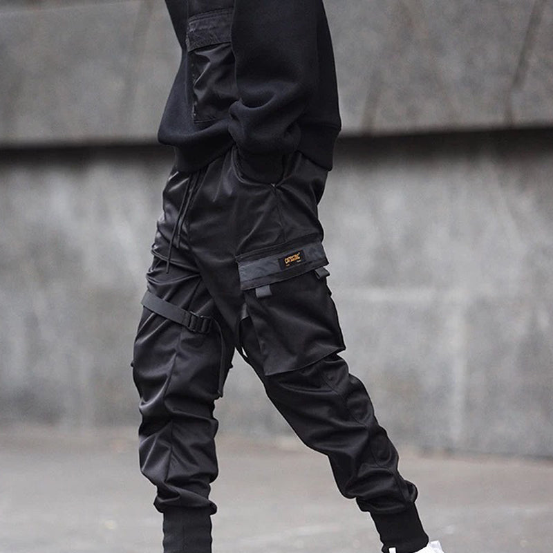 Men Black Hip Hop Cargo Pants Elastic Waist Jogger Trousers Sweatpants Pockets Full Length