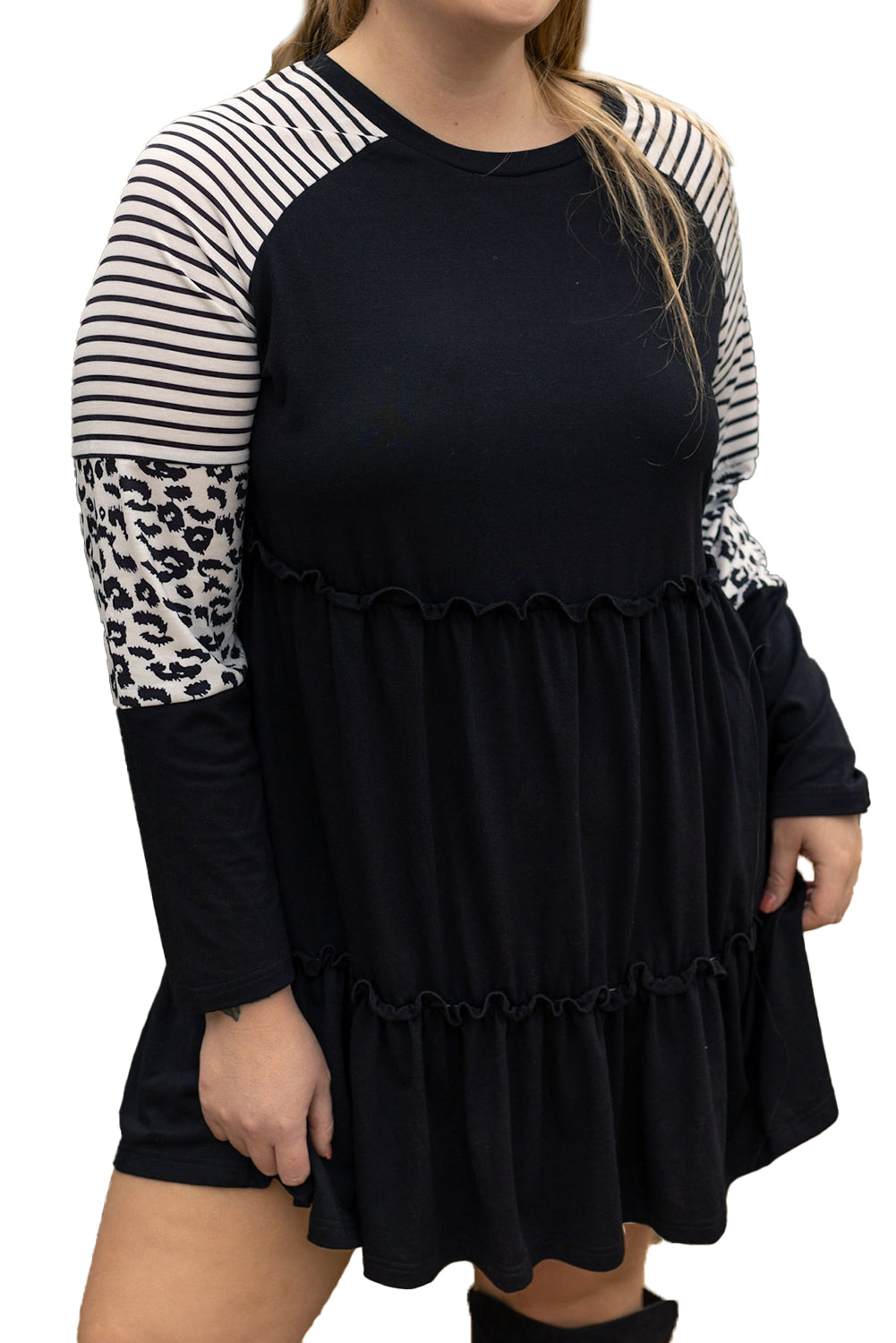 Black Plus Size Striped Leopard Patch Sleeve Ruffle Tiered Dress